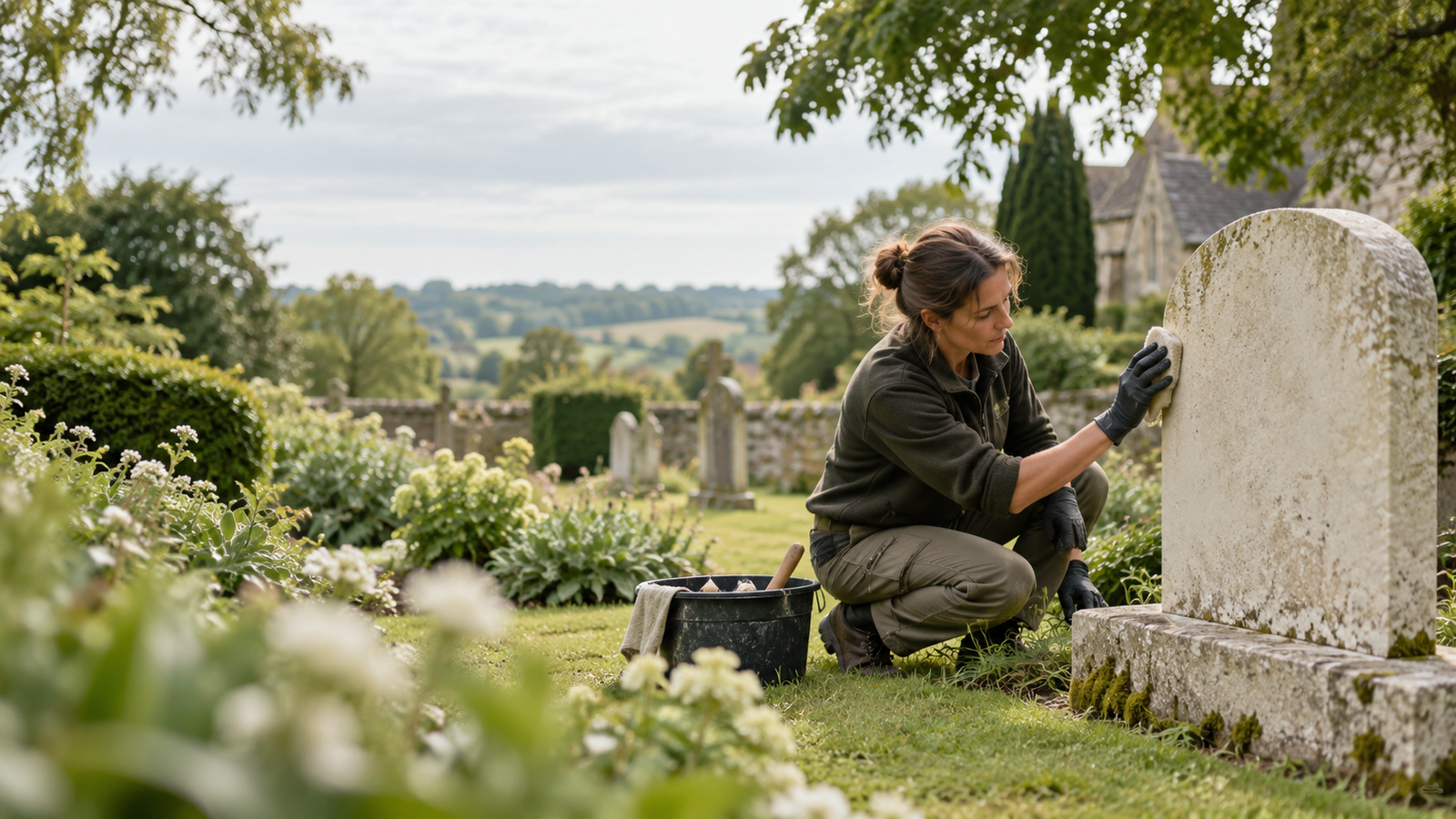 Illustrative image of a memorial conservator gently tending a simple stone headstone in a leafy cemetery